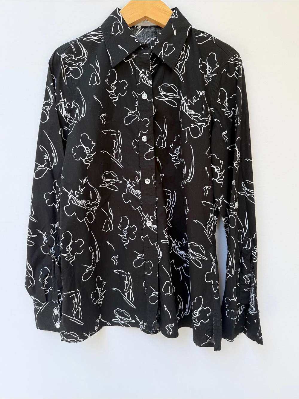 Liz Claiborne Blouse Black White Abstract Print Long Sleeve Button Down Small